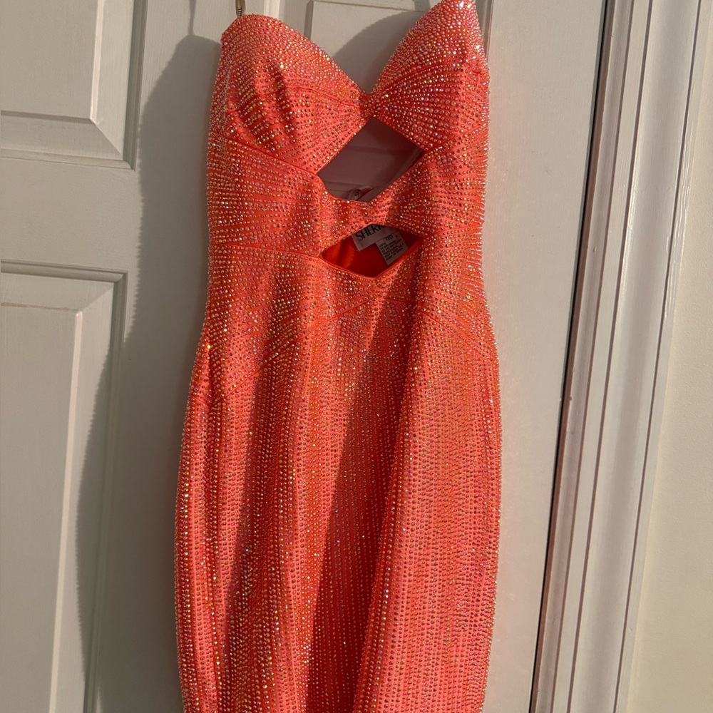 Sherri Hill Coral Sequin Strapless Cutout Dress